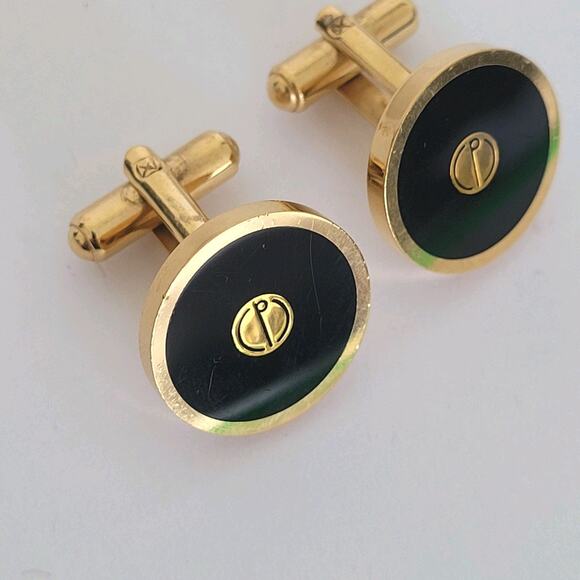 Dunhill D Cufflinks Gold Black Tone Logo Round Designer Logo Vintage Retro - Picture 1 of 6
